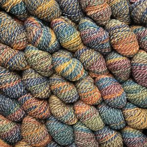 Multicolored Cheviot Dyed-in-the-Wool DK yarn skeins for knitting and crafting.