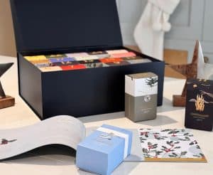 Ross Farm Mercantile holiday advent calendar with colorful boxes and festive packaging.