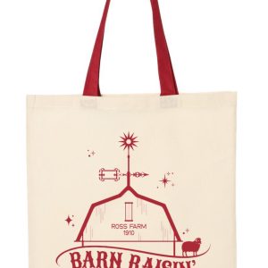 Canvas tote bag with Barn Raisin logo and farm illustration.