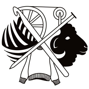 Black and white illustration of a sheep, yarn, knitting needles, and a wheel.
